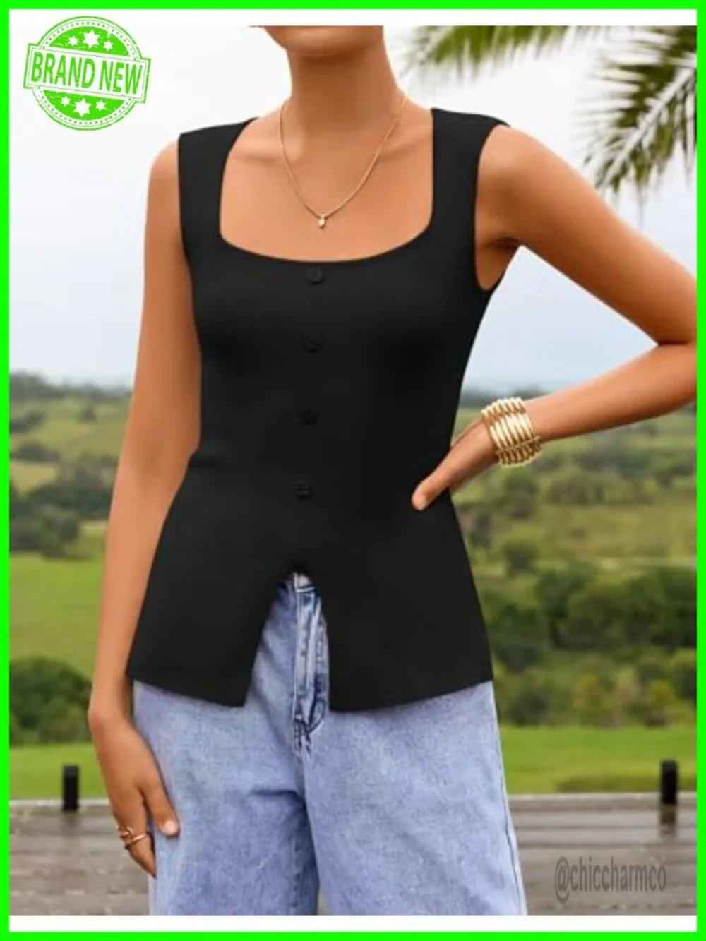 Sleeveless Square Neck Knit Sweater Vest Top, Ribbed Stretchy